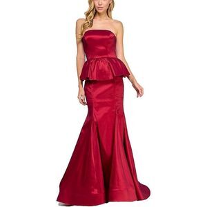 B Darlin Ruby Red Strapless Mermaid Peplum Prom Gown Hollywood Glam Pageant Red